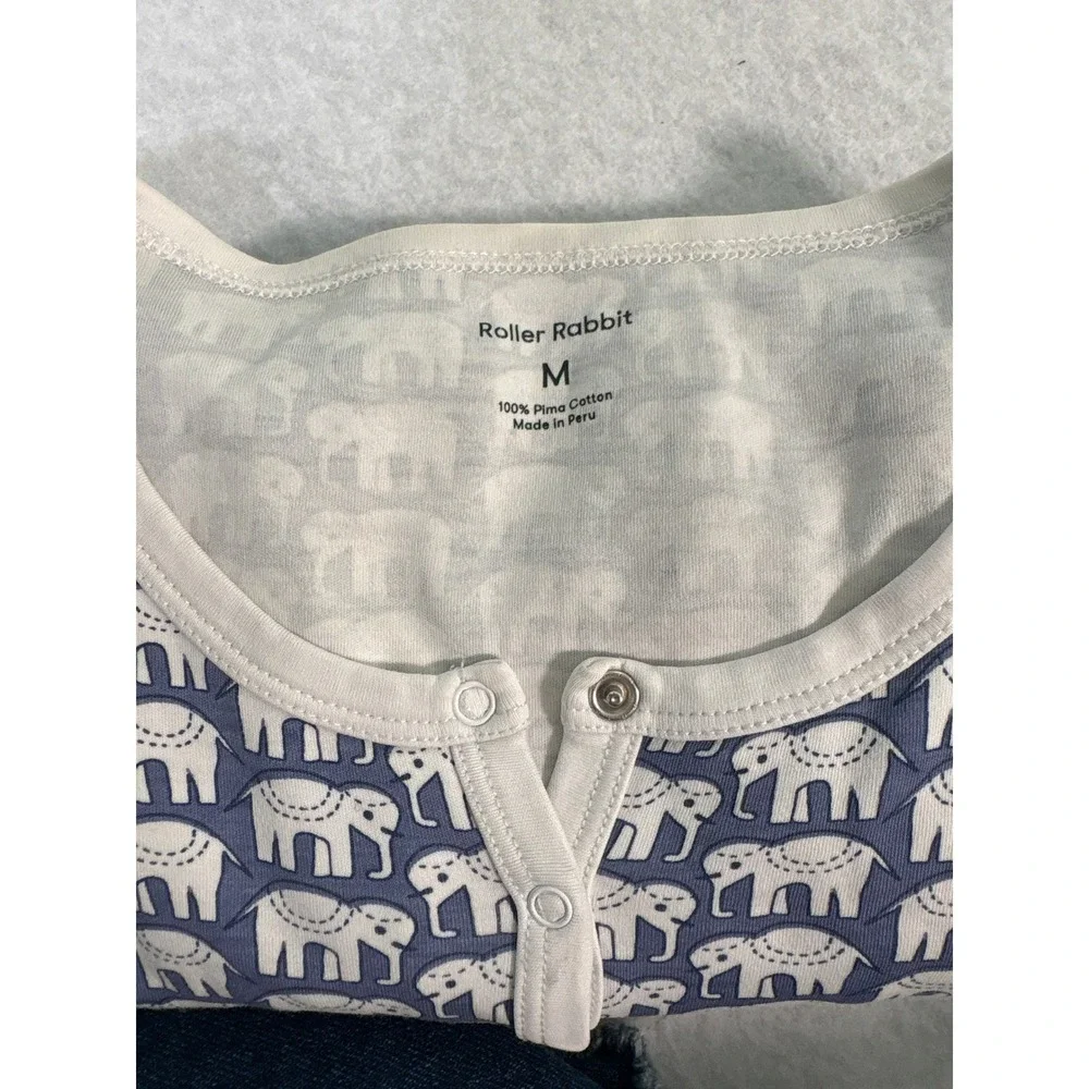 Roller Rabbit Hathi Elephant Print Pima Cotton Henley Pajama Top Navy White M